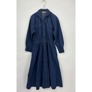 Vintage Sheplers Dress 12 Blue Denim Cotton Western Button Up USA Made Rodeo